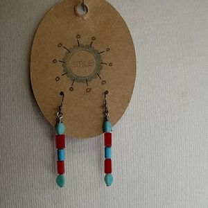 Turquoise and Red Glass Beaded Earrings